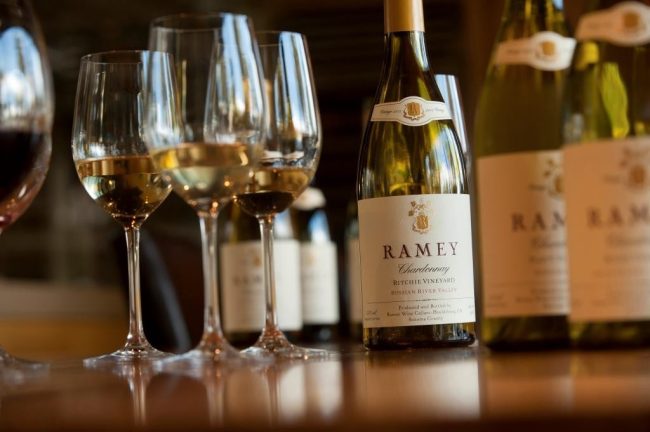 Bottles of Ramey Chardonnay and glasses