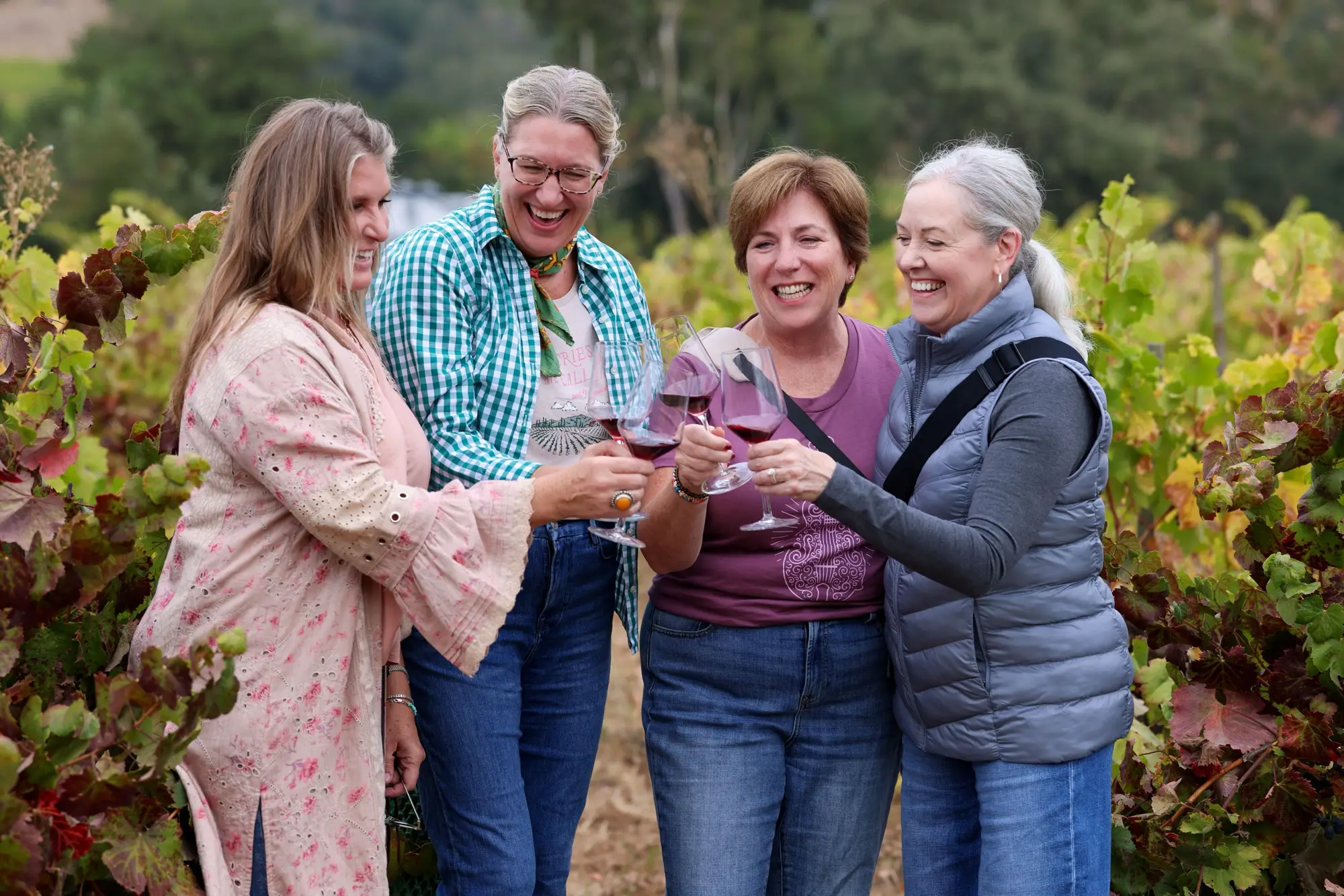 4 women toasting in the vineyard
